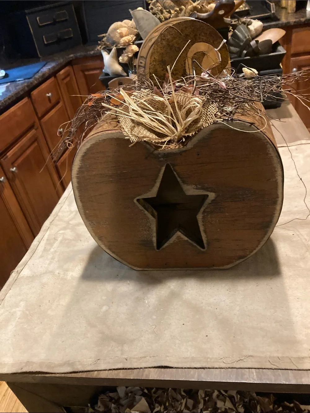 Rustic Wooden Pumpkin Centerpiece with Star Cutout - Brown